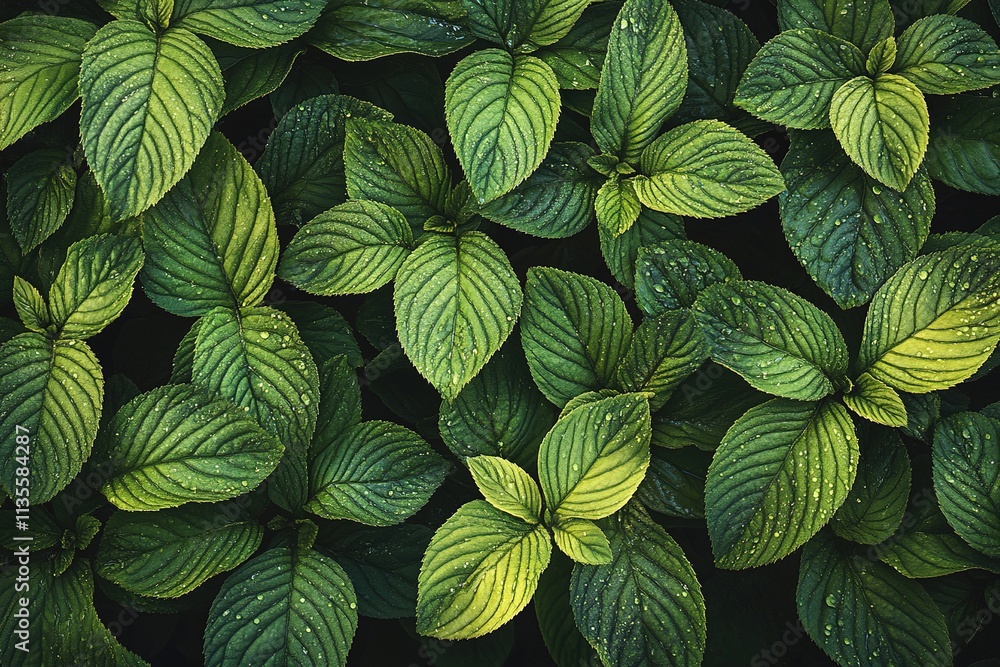 Lush Green Leaves Dew Drops Nature Background Lush Green Leaves Dew Drops Nature Background