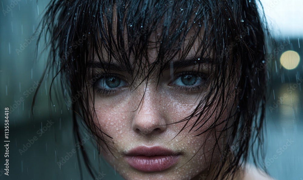 Mysterious woman with wet hair and intense gaze Mysterious woman with wet hair and intense gaze