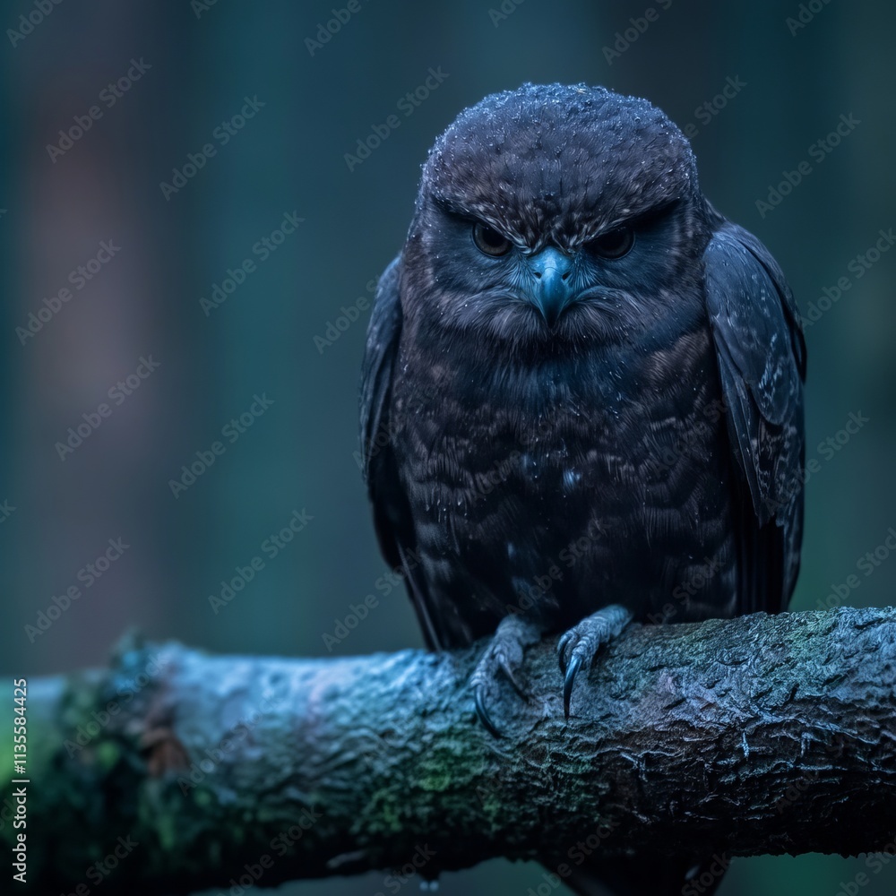Obraz premium Dark-colored owl perched on a branch, moody atmosphere.