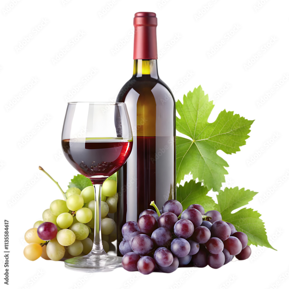 Obraz premium Bottle of wine and glass with grapes on white background 