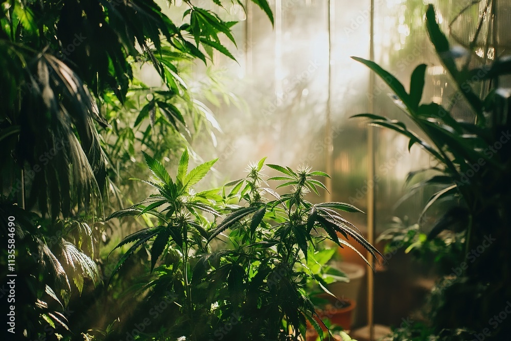 Cannabis Plants Flourishing In A Greenhouse Setting Cannabis Plants Flourishing In A Greenhouse Setting