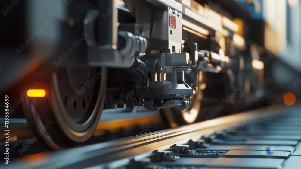 Fototapeta premium Train movement urban railway close-up image industrial environment low angle view transport dynamics