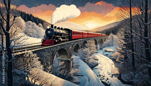 A steam engine crossing a bridge in a snowy scene