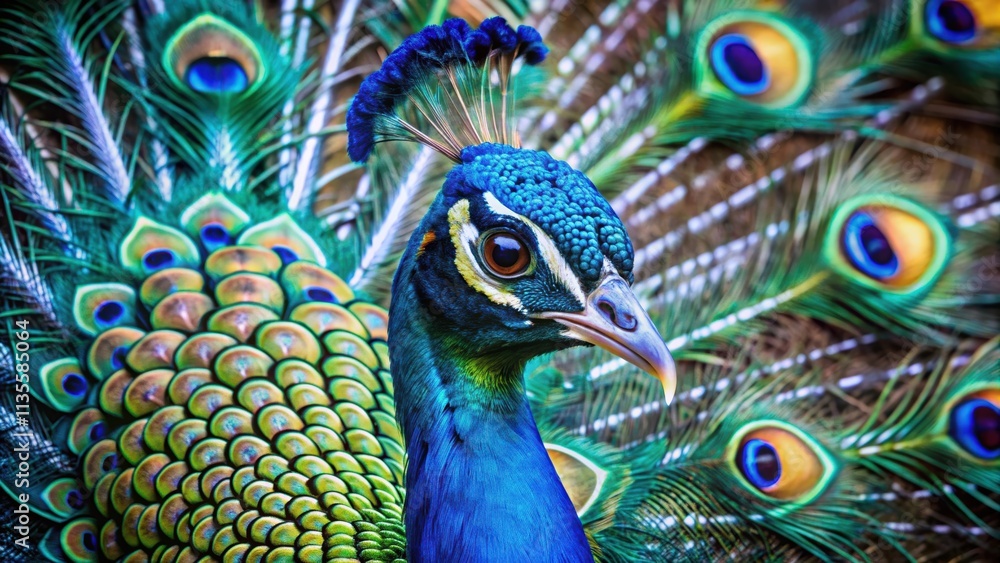 Close-up view of vibrant peacock feathers and head, peacock, colorful, bird, feathers, close-up, detail, vivid Close-up view of vibrant peacock feathers and head, peacock, colorful, bird, feathers, close-up, detail, vivid
