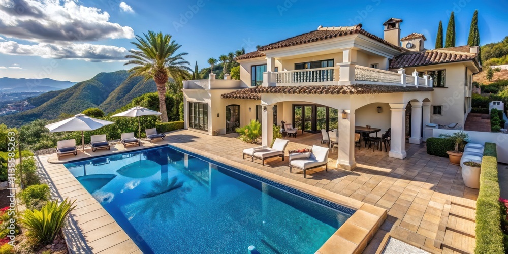 Fototapeta premium Luxurious villa in Spain with a private pool and stunning views, villa, Spain, luxury, vacation, pool, scenic