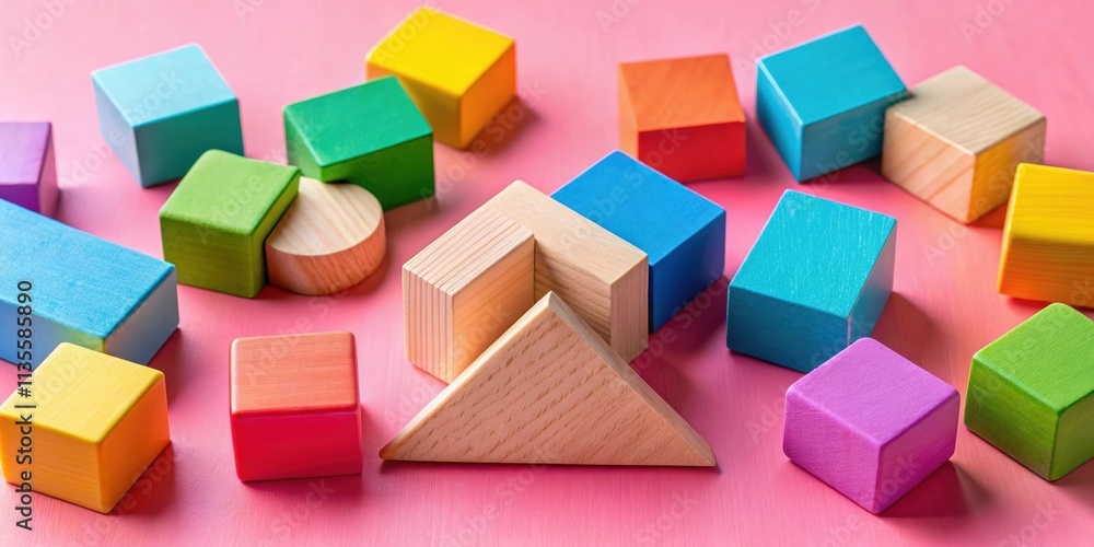Obraz premium Colorful wooden blocks of various shapes on a pink background, wooden, blocks, shapes, colorful, pink, background, vibrant