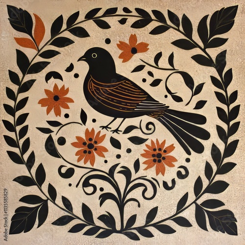 Folk art style illustration of a bird amidst flowers and leaves within a wreath.