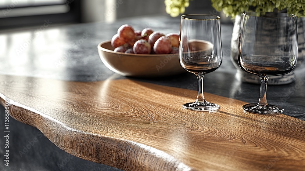 Live edge wood countertop with wine glasses and fruit bowl. Live edge wood countertop with wine glasses and fruit bowl.