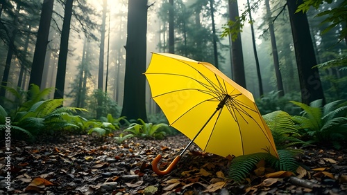 Fototapeta Naklejka Na Ścianę i Meble -  yellow umbrella on the ground in a rainy forest