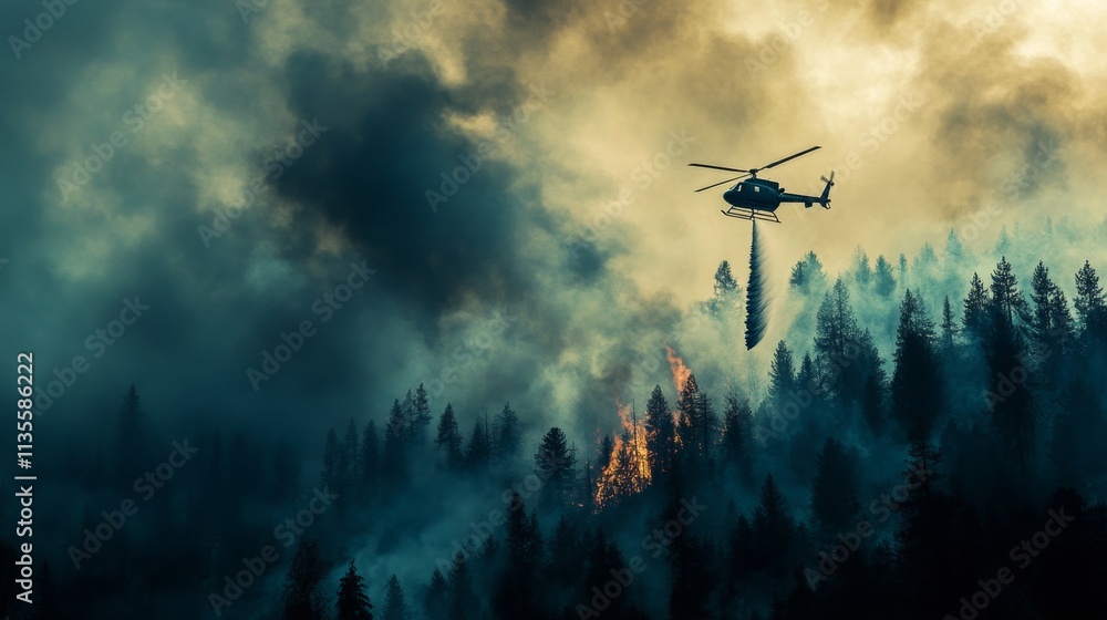 Fototapeta premium Helicopter fighting wildfire forest area action photo dramatic environment aerial view emergency response