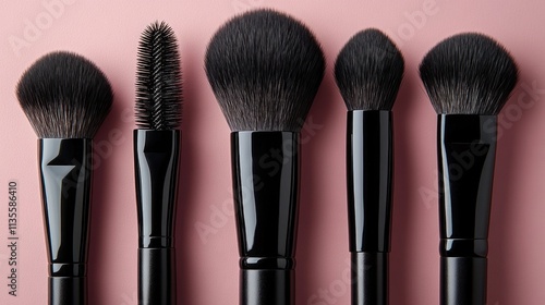 Five black makeup brushes on pink background. photo