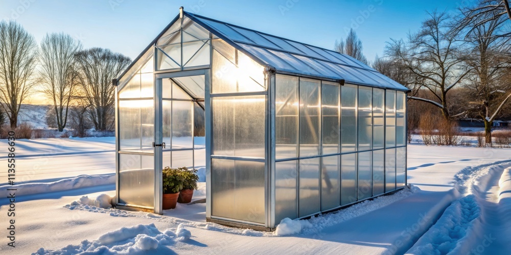 Polycarbonate greenhouse maintenance in winter with an open window , polycarbonate, greenhouse, winter Polycarbonate greenhouse maintenance in winter with an open window , polycarbonate, greenhouse, winter