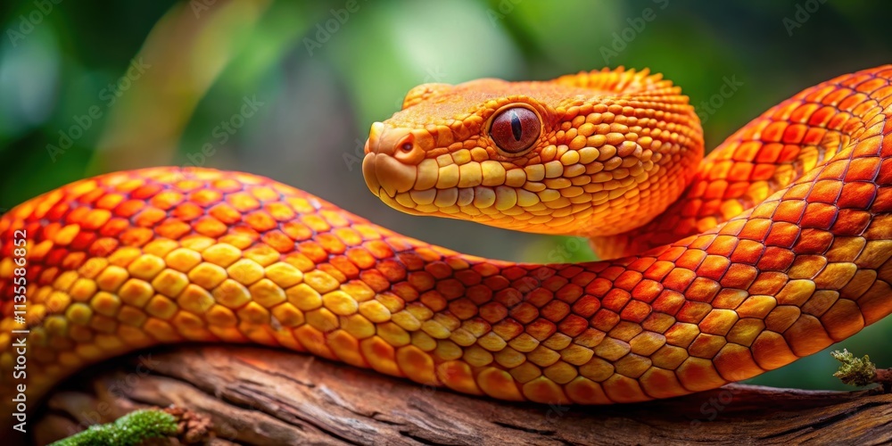 Close-up of a stunning pit viper showcasing vibrant orange and yellow scales on a branch in nature shot, pit viper, coiled Close-up of a stunning pit viper showcasing vibrant orange and yellow scales on a branch in nature shot, pit viper, coiled