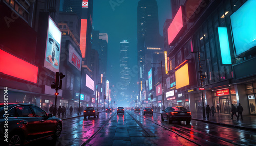 Fototapeta Naklejka Na Ścianę i Meble -  Rainy night in futuristic cyberpunk city. Tall buildings line city street. Bright neon lights illuminate wet asphalt. People walk by glowing billboards. Cars move slowly. Urban scene busy, energetic.