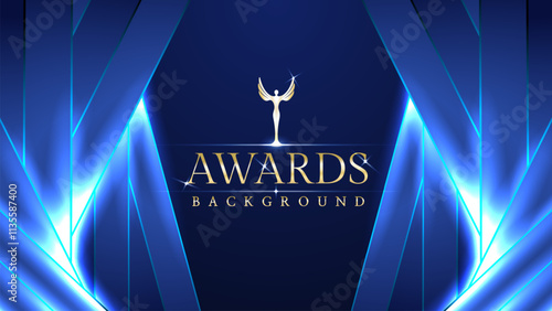 Dark blue luxury awards graphics background with light neon elegant shine spotlight effects. Premium corporate abstract design template. Banner certificate dynamic shape.
