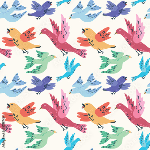 Seamless pattern featuring handdrawn cute colorful birds