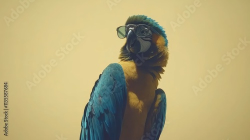 Playful macaw in sunglasses vibrant setting animal portrait creative environment fun concept photo