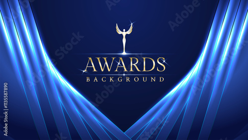 Dark blue luxury awards graphics background with light neon elegant shine spotlight effects. Premium corporate abstract design template. Banner certificate dynamic shape.
