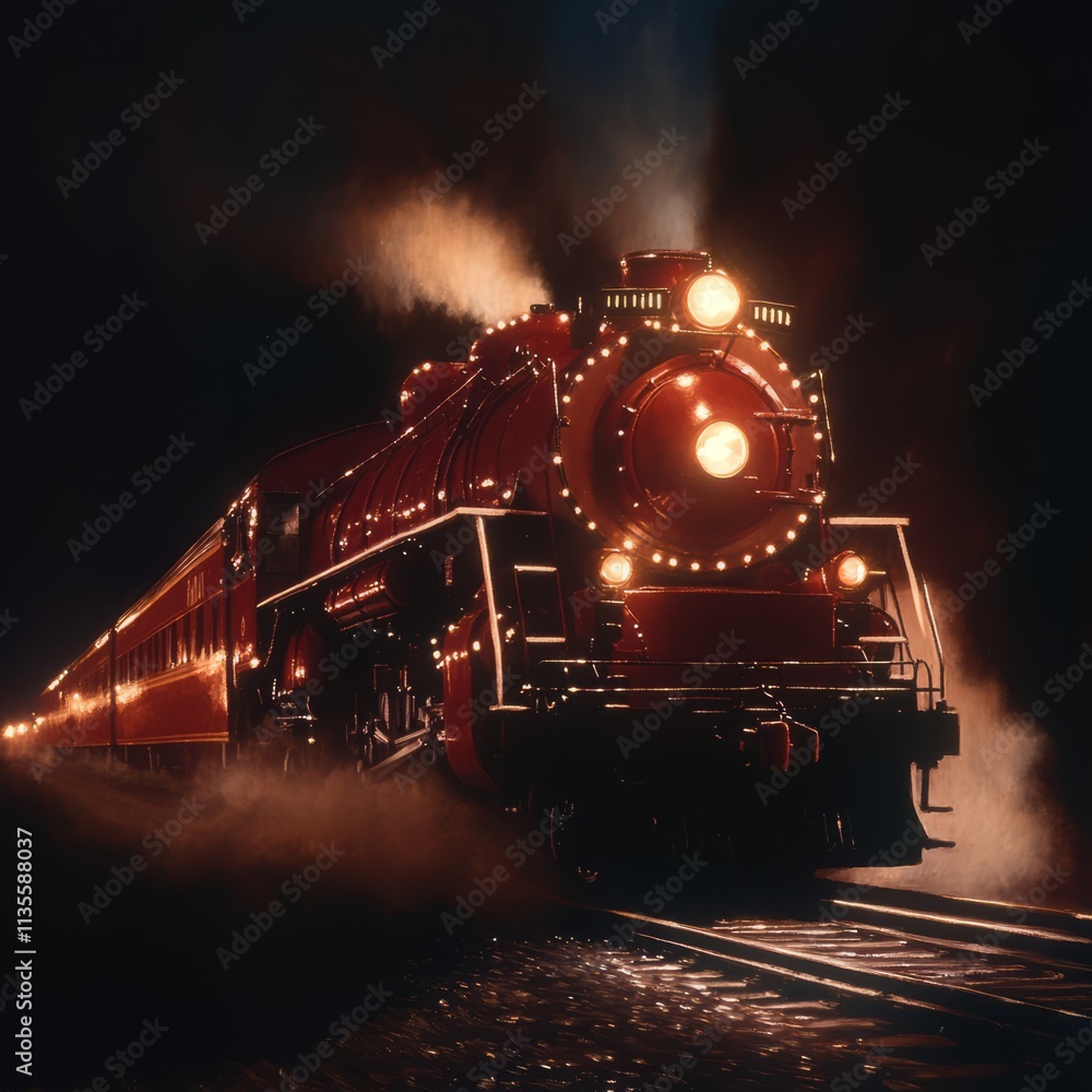 Majestic red steam train speeding through night, illuminated headlights, smoke, motion blur. Majestic red steam train speeding through night, illuminated headlights, smoke, motion blur.