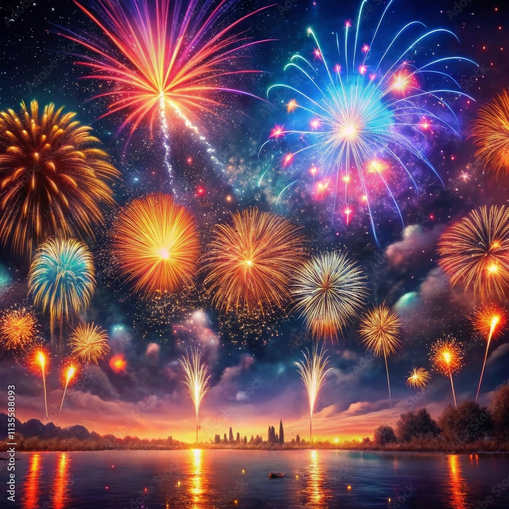 Fireworks are lit up in the night sky over a lake generative ai Fireworks are lit up in the night sky over a lake generative ai