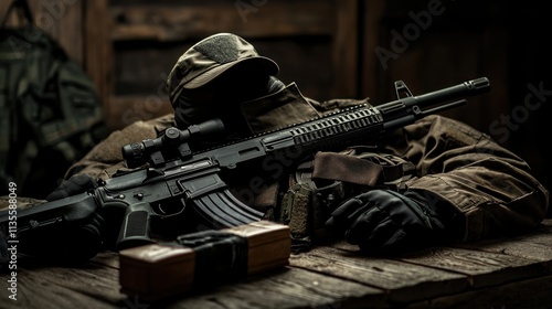 Camouflaged Soldier Rests With Rifle and Cash photo