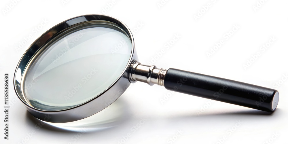 A close-up view of a magnifying glass with a black handle and glass lens , magnifying glass, search, exploration, magnification A close-up view of a magnifying glass with a black handle and glass lens , magnifying glass, search, exploration, magnification