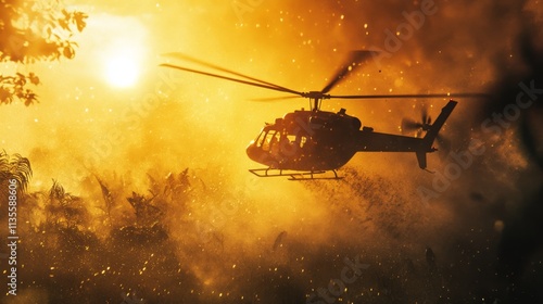 Helicopter rescue mission at sunset aerial action scene tropical environment dramatic viewpoint emergency concept photo