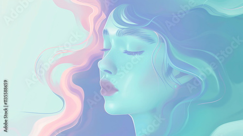 Pastel Dreams: A serene portrait of a woman, eyes closed, bathed in soft, dreamy pastel hues. Her flowing hair blends seamlessly with the abstract background.