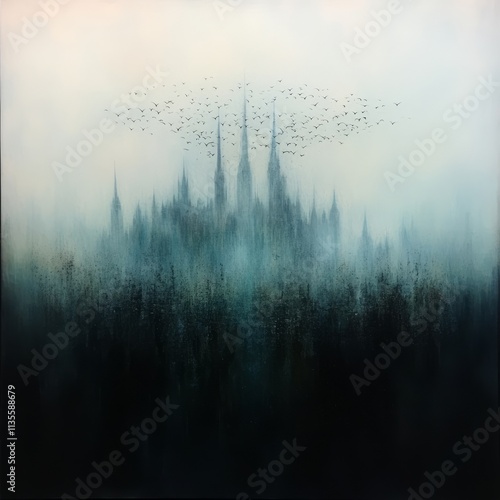 Mystical castle obscured by fog and birds.