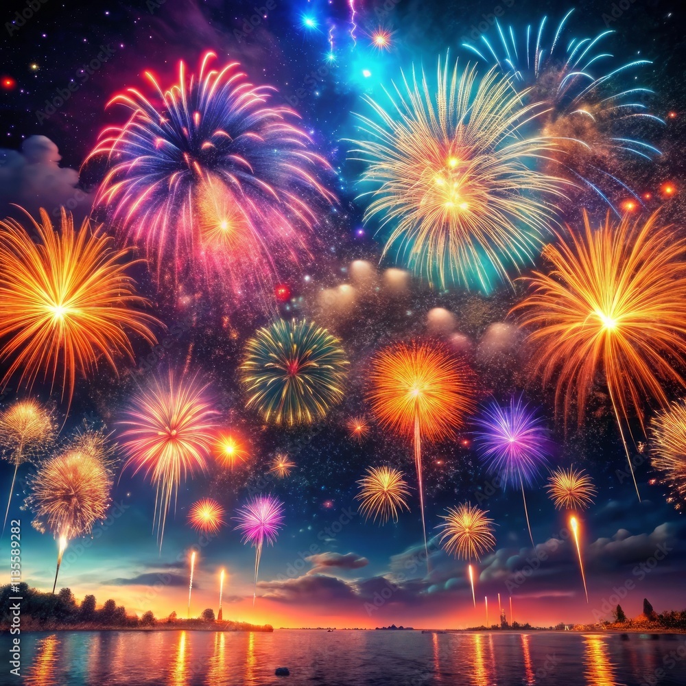 Celebration in Lights Vibrant Fireworks Show Night Sky photo Celebration in Lights Vibrant Fireworks Show Night Sky photo