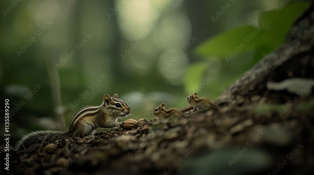 A chipmunk foraging in the forest, surrounded by soft green hues and three curious chipmunk offspring. A chipmunk foraging in the forest, surrounded by soft green hues and three curious chipmunk offspring.