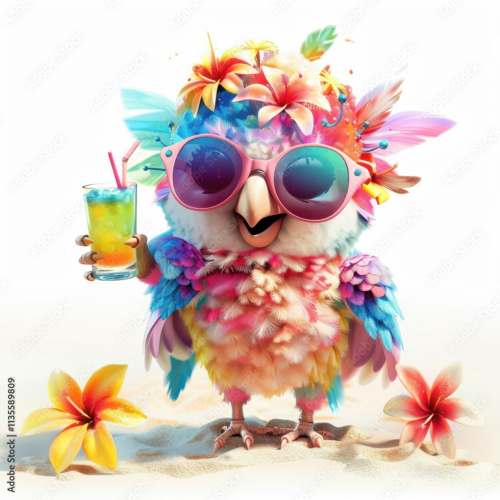 Cute funny parrot with colorful hair enjoys a refreshing drink at the beach Cute funny parrot with colorful hair enjoys a refreshing drink at the beach