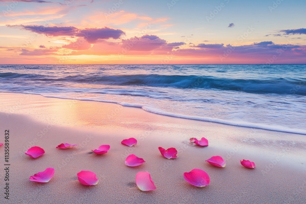 Serene Sunset at Beach with Pink Petals on Sand, Gentle Waves Lapping Shore Under Colorful Sky, Perfect for Romantic or Relaxing Themes in Photography Serene Sunset at Beach with Pink Petals on Sand, Gentle Waves Lapping Shore Under Colorful Sky, Perfect for Romantic or Relaxing Themes in Photography