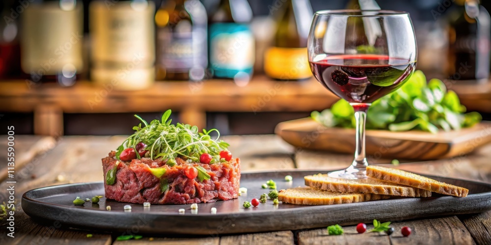 Raw beef tartar with small toasts, microgreens and a glass of red wine on a restaurant table