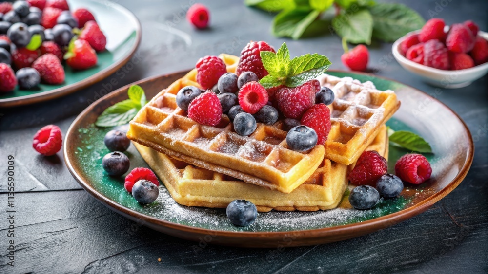 Plate of sweet Viennese waffles topped with mixed berries, fruits, mint, and powdered sugar , food, dessert, waffles Plate of sweet Viennese waffles topped with mixed berries, fruits, mint, and powdered sugar , food, dessert, waffles