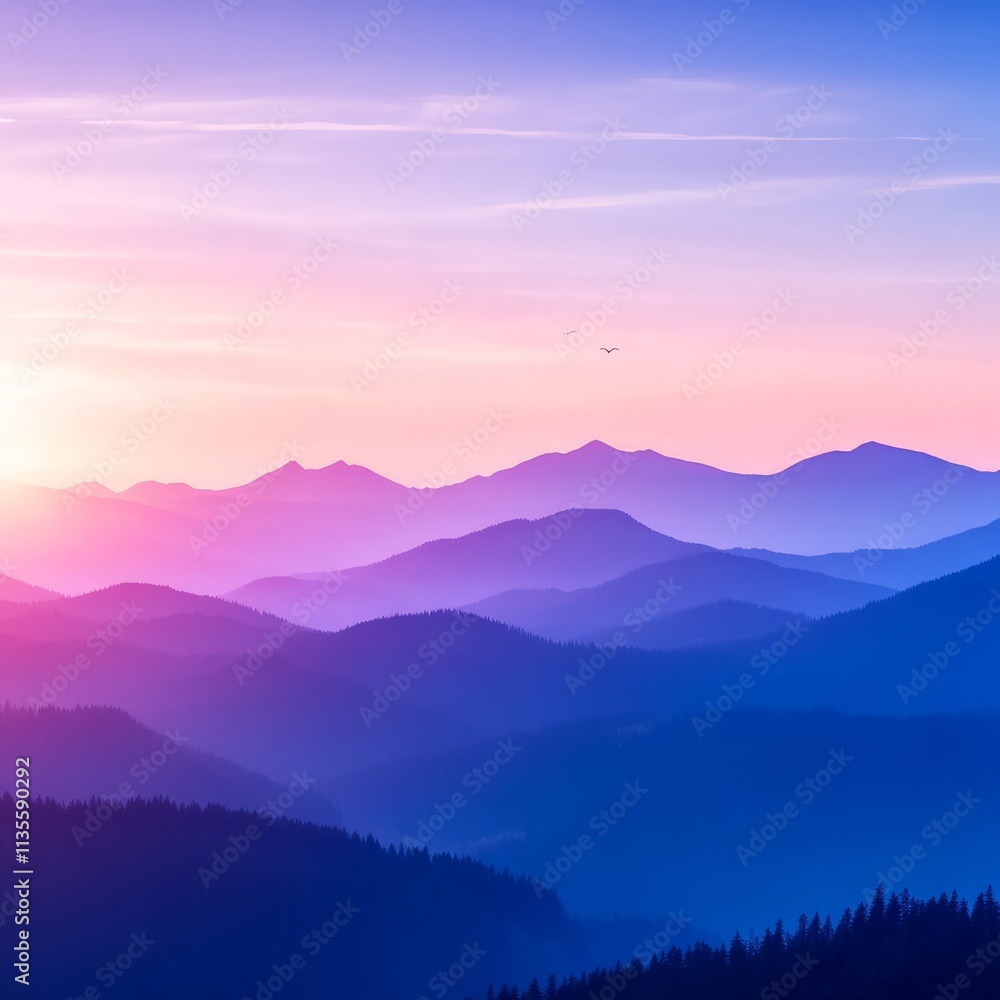 Fototapeta premium Serene sunset over layered mountains, vibrant purple and blue hues.
