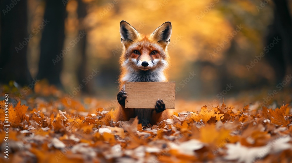 Playful red fox holding a sign in autumn forest nature scene close-up view wildlife concept Playful red fox holding a sign in autumn forest nature scene close-up view wildlife concept