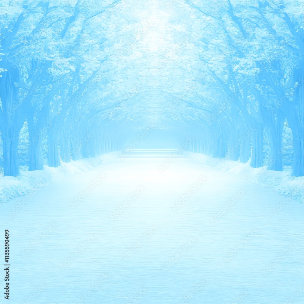 Naklejka premium Serene winter path through snow-covered trees, leading to bright light.