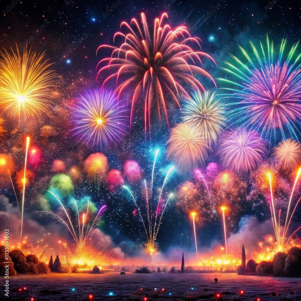Festive fireworks display against night sky Festive fireworks display against night sky
