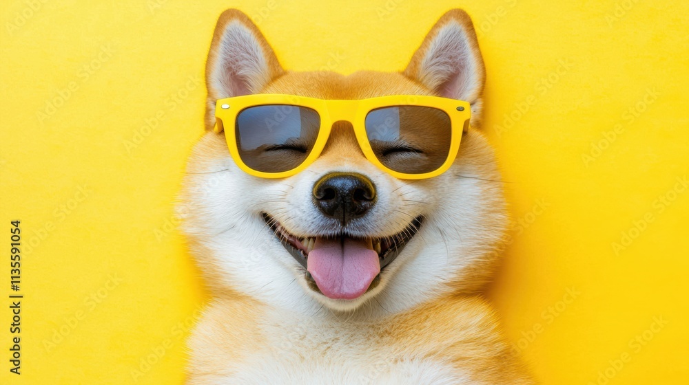 Smiling dog in sunglasses bright yellow background fun animal portrait playful mood close-up view Smiling dog in sunglasses bright yellow background fun animal portrait playful mood close-up view