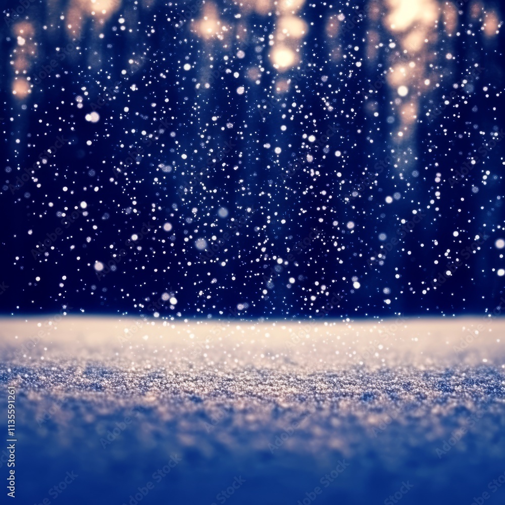 Obraz premium Snowfall over a snowy ground with blurred forest background.