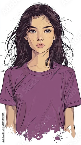 Young Woman with Long Dark Hair Wearing Purple Shirt photo