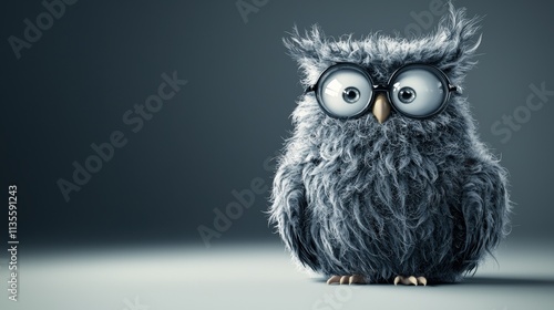 Curious owl with glasses portrait studio setting animal photography soft lighting whimsical concept photo