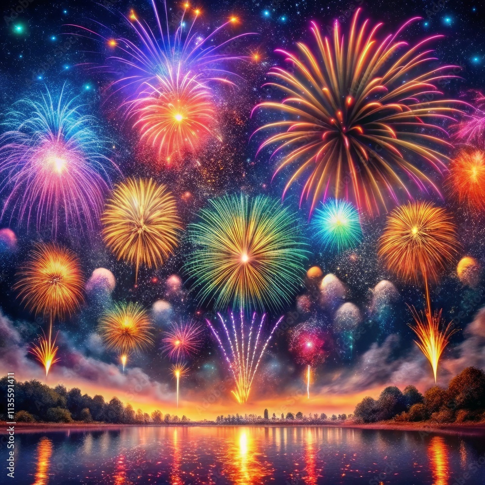 Festive fireworks display against night sky Festive fireworks display against night sky