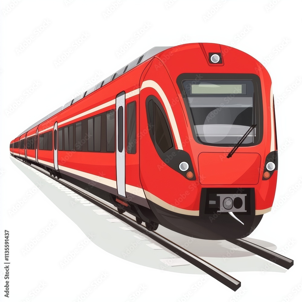 Naklejka premium Modern red train traveling on tracks urban environment digital illustration side view perspective