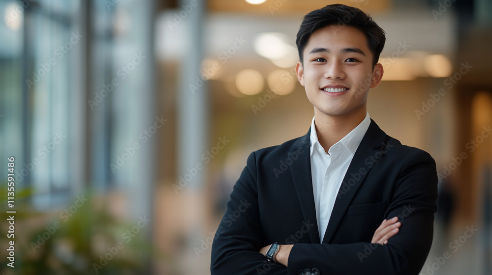 Confident young Asian businessman smiling, arms crossed. Confident young Asian businessman smiling, arms crossed.