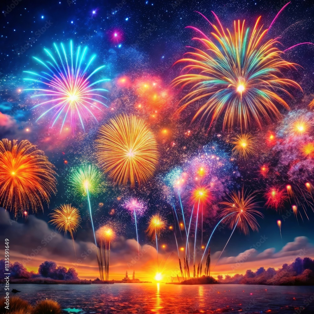 Festive fireworks display against night sky Festive fireworks display against night sky