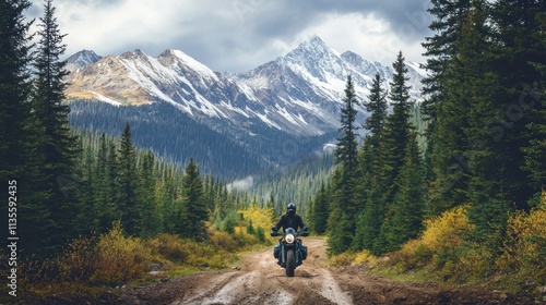 Motorcyclist Rides Through Mountain Pass Forest Scenery
