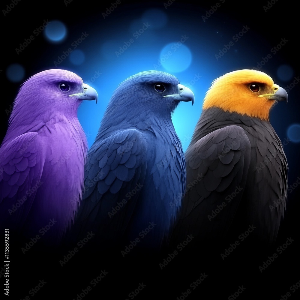 Fototapeta premium Three stylized birds, purple, blue, gold, dark background.