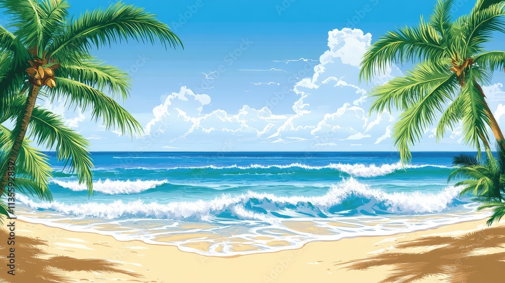 Serene Tropical Beachscape with Palm Trees and Gentle Ocean Waves